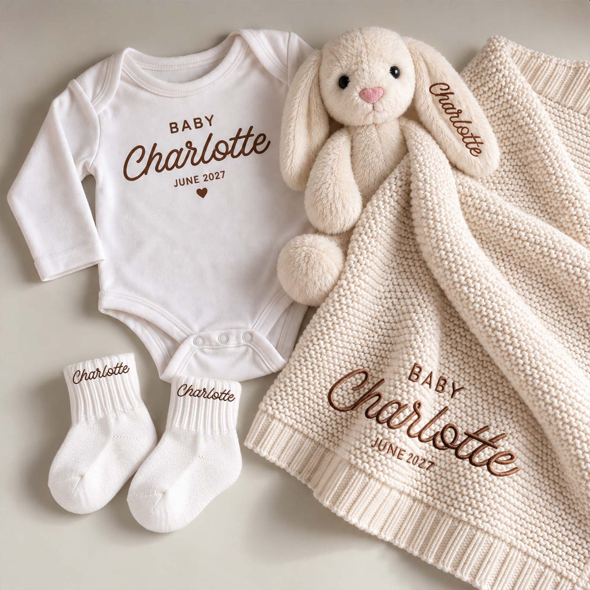 Personalized Baby Shower Gift Set, Custom Baby Bodysuit, Blanket & Mom Dad Hats