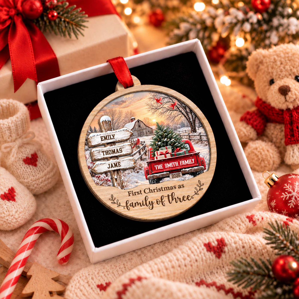 Personalized Family Names Christmas Ornament – Custom Family Name & Member Names, Rustic Wooden Holiday Keepsake