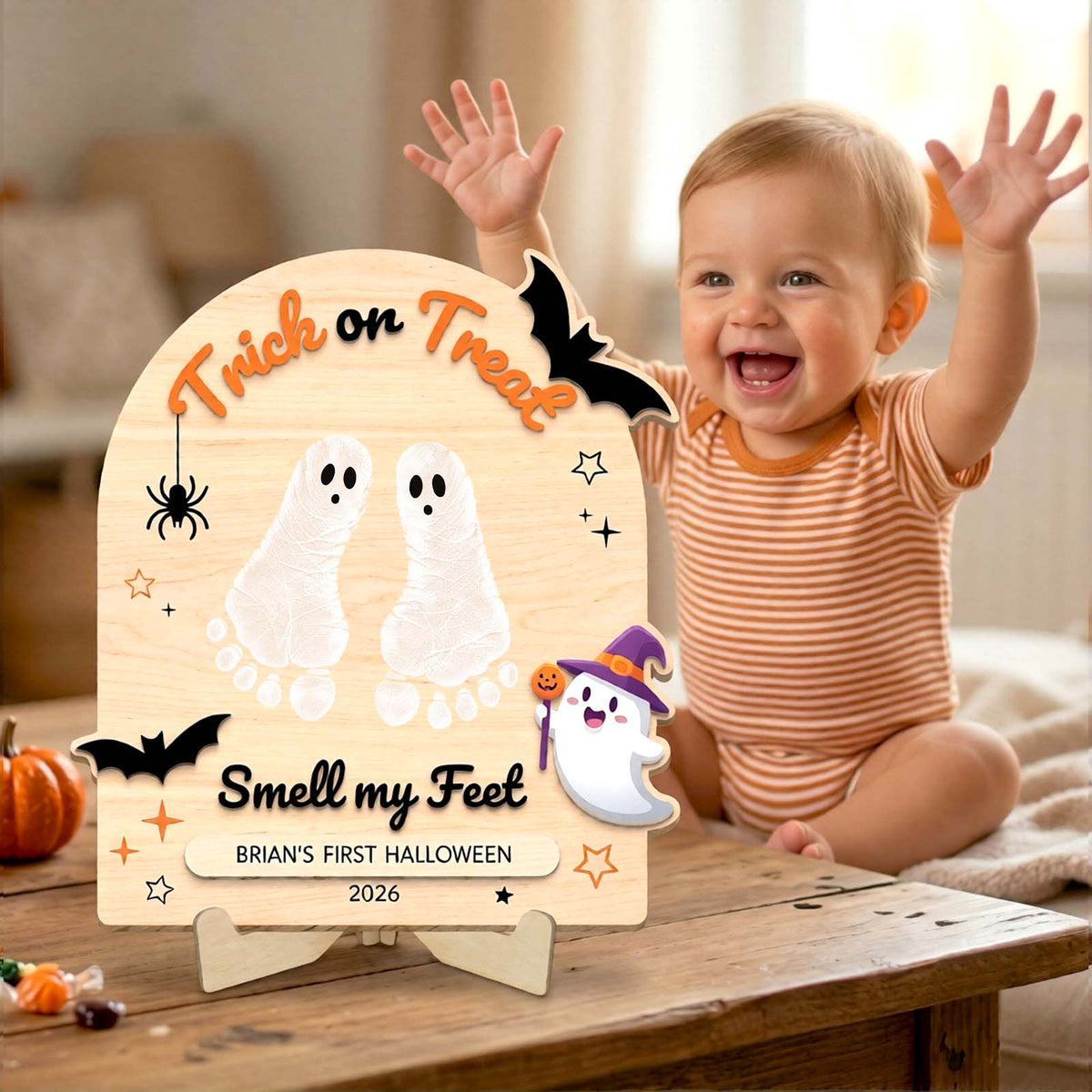 Personalized First Halloween Keepsake Wooden Sign, Custom Baby Halloween Footprint Decor