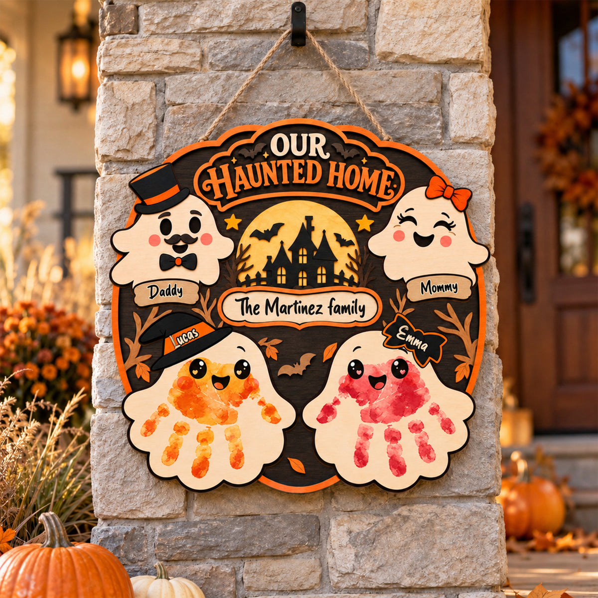 Personalized Halloween Family Handprint Wooden Wreath – Custom Family Names & Handprints, Halloween Door Decor