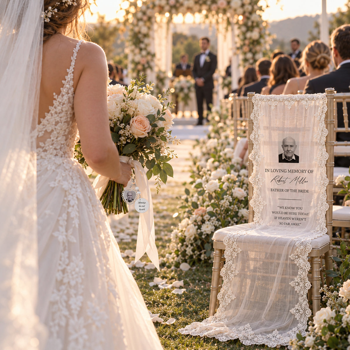 Personalized Wedding Memorial Decor, Custom Photo Pin & Lace Yarn Hanging