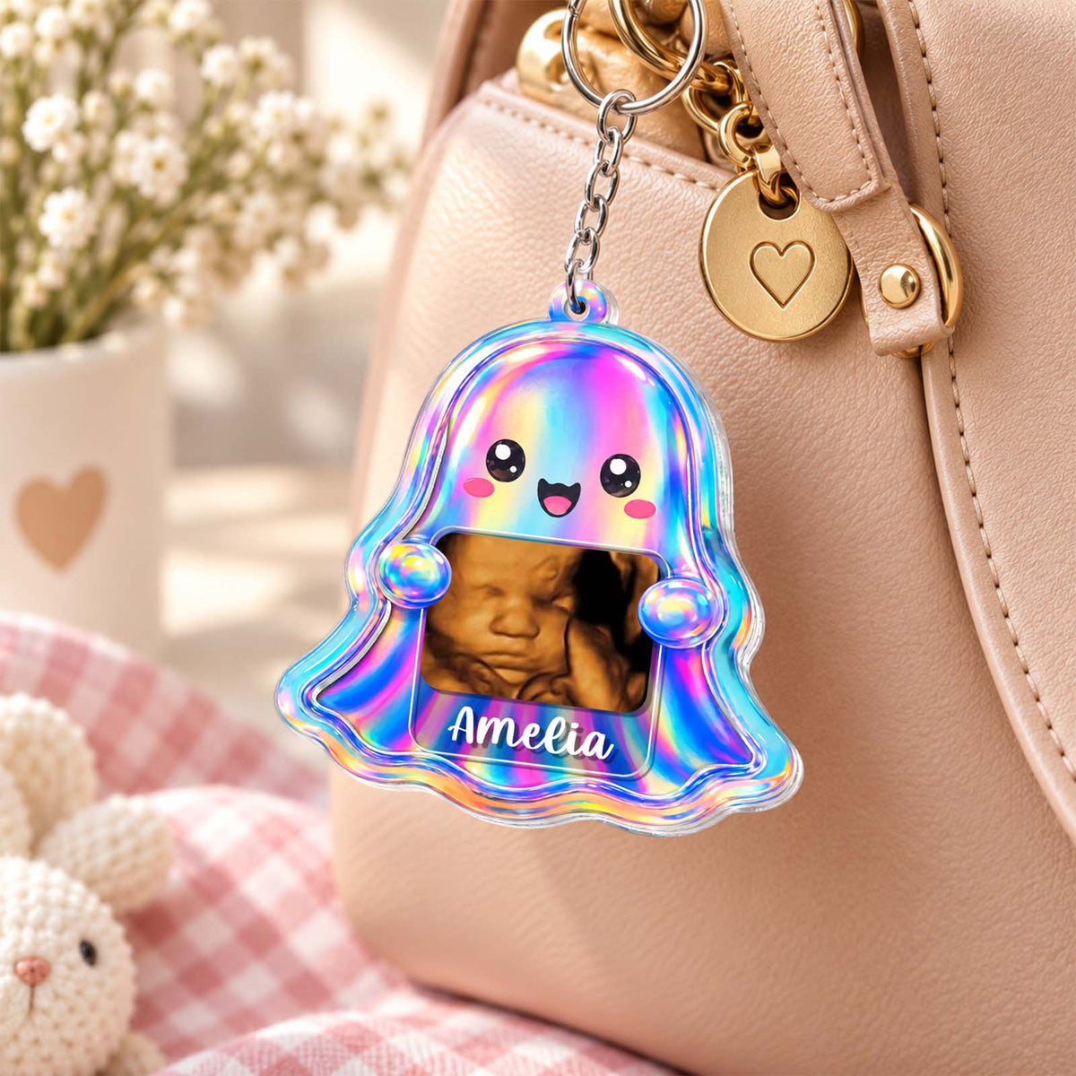 Cute Holographic Ghost Sonogram Shaker Keychain - Custom Baby Ultrasound Announcement Keepsake