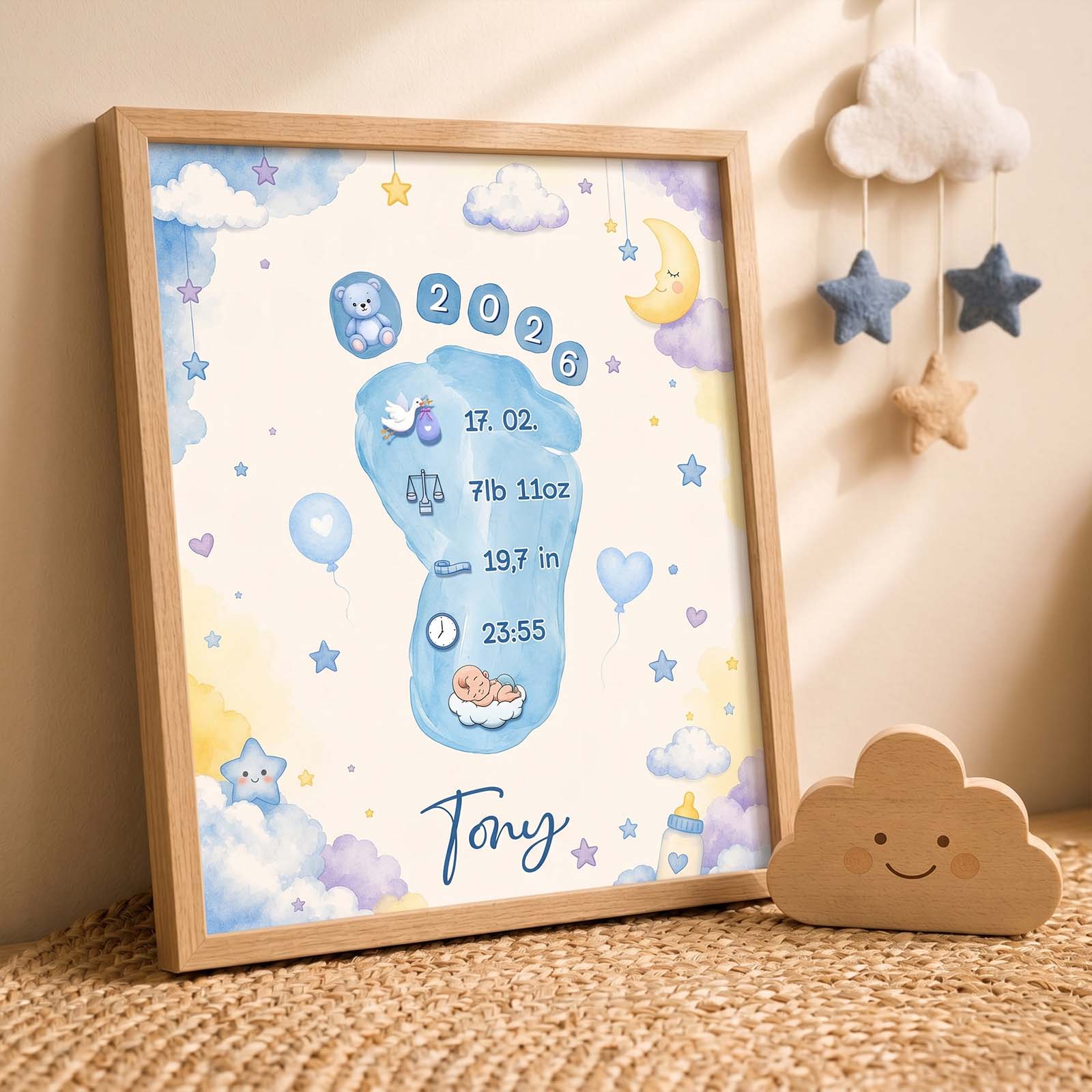 Personalized Baby Footprint Print – Custom Nursery Decoration, Keepsake Gift, Gift for Mom & Dad