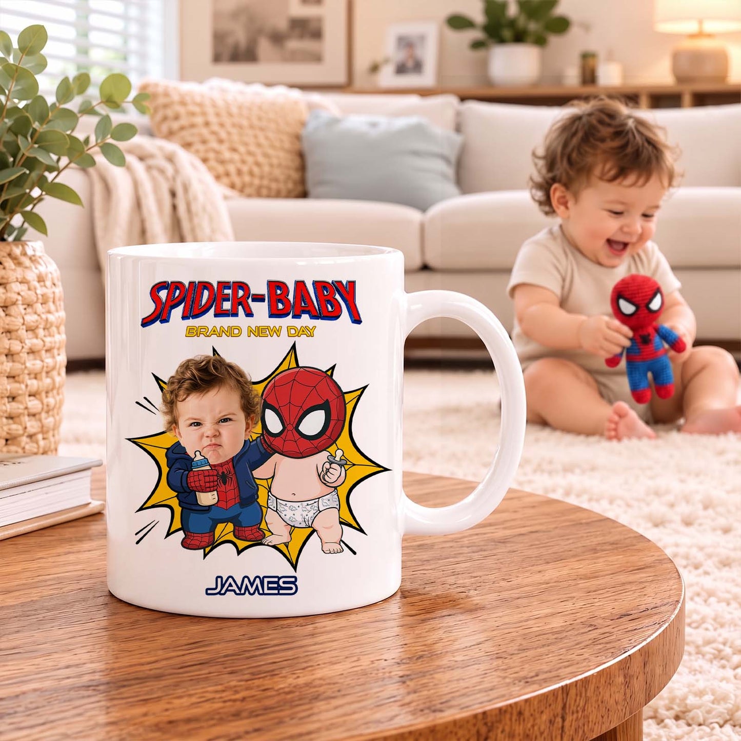 Personalized Spider Baby Mug – Custom Baby Face Superhero Coffee Mug, Funny Baby Keepsake Gift