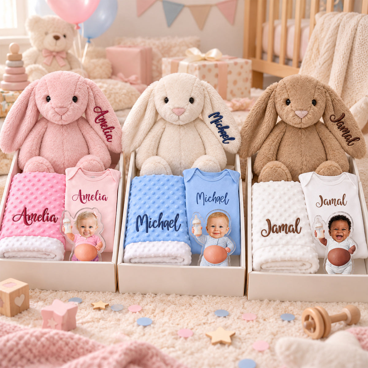 Personalized Newborn Gift Set, Custom Baby Bodysuit, Blanket & Plush Rabbit