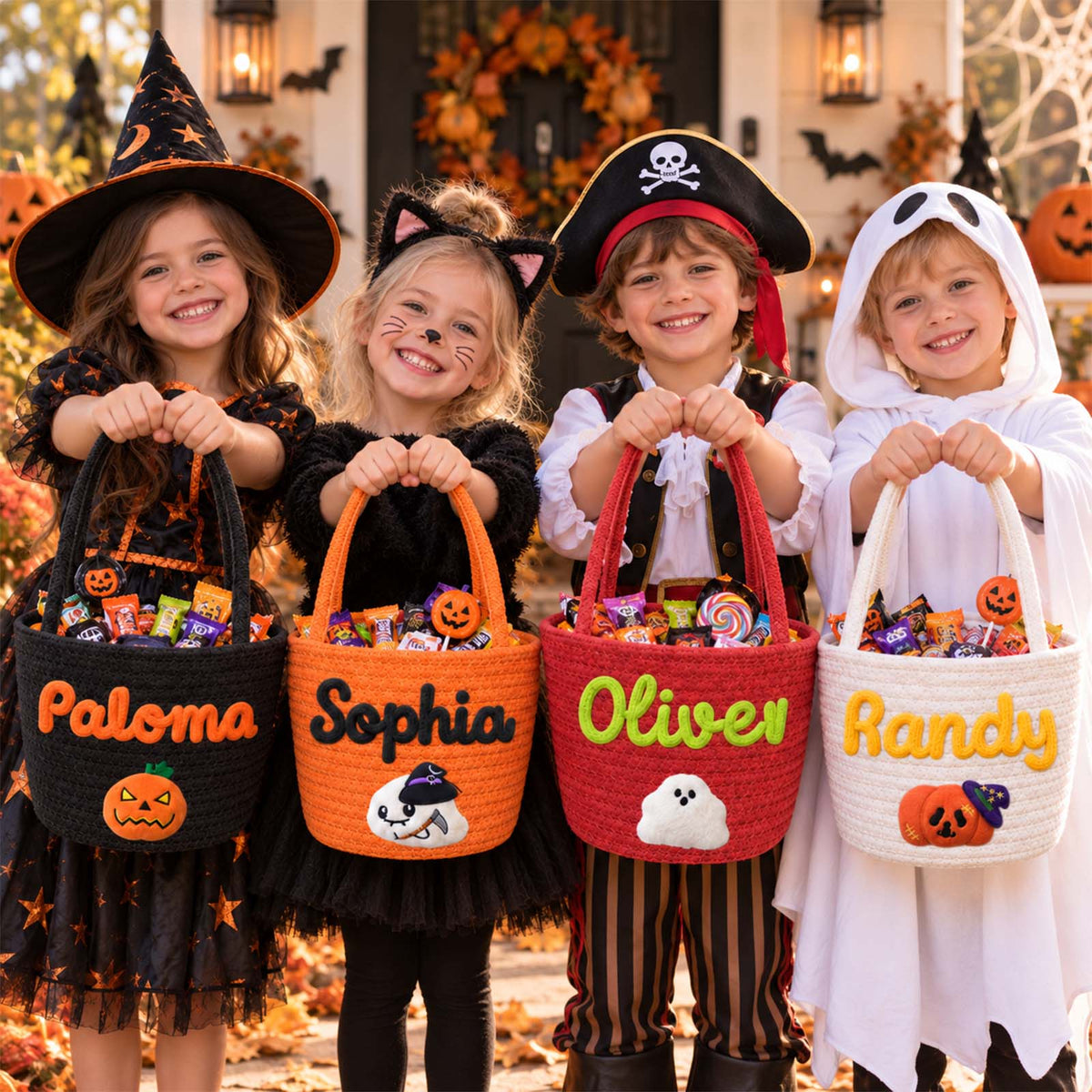 Personalized Handheld Round Basket, Custom Name Halloween Candy Basket