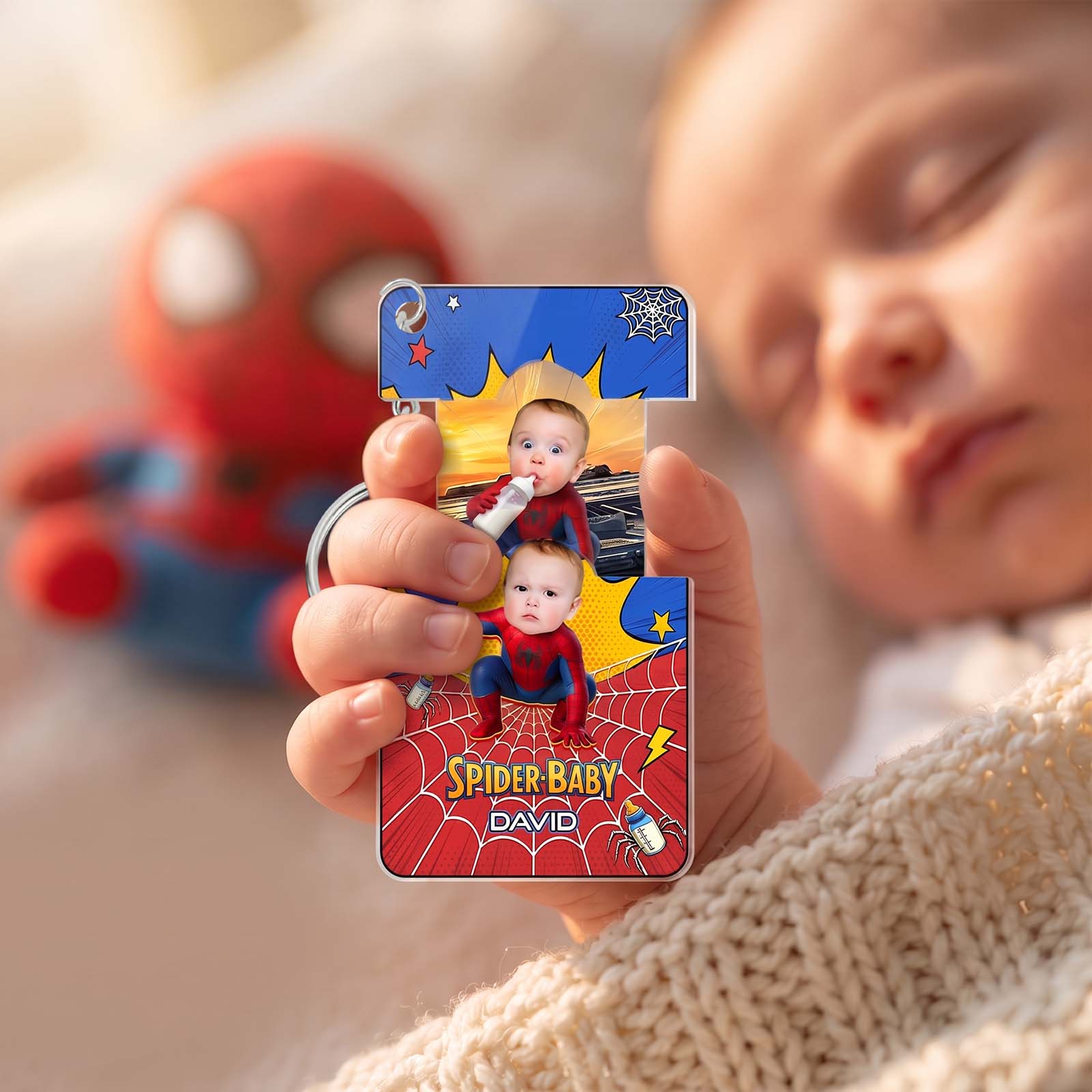 Personalized Spider-Baby Hidden Photo Keychain – Custom Baby Superhero Keepsake Gift