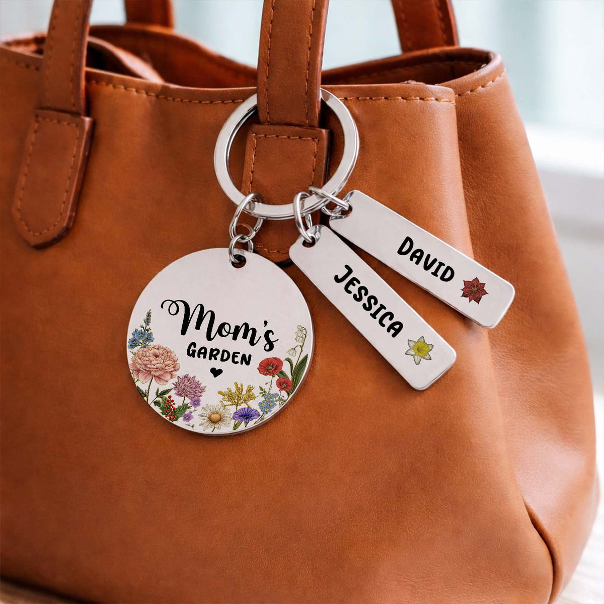 Personalized Mom’s Garden Stainless Steel Keychain – Custom Birth Flower Gift for Mom