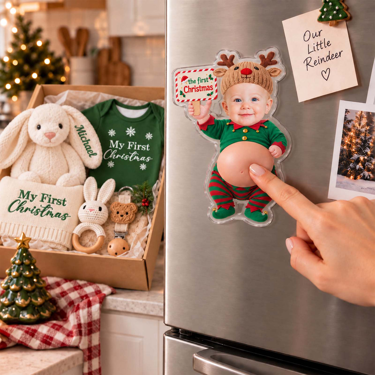 Personalized Baby’s First Christmas Gift Set, Custom Christmas Bodysuit, Bunny & Keepsake Blanket