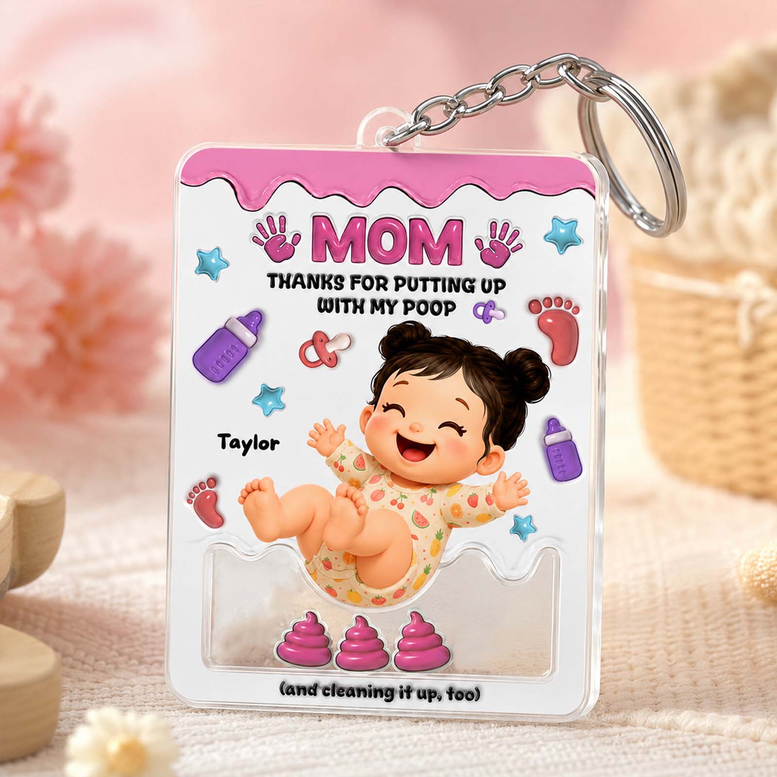 Personalized "Thanks for Putting Up With My Poop" Shaker Keychain – Custom Baby Gift for Mom & Dad