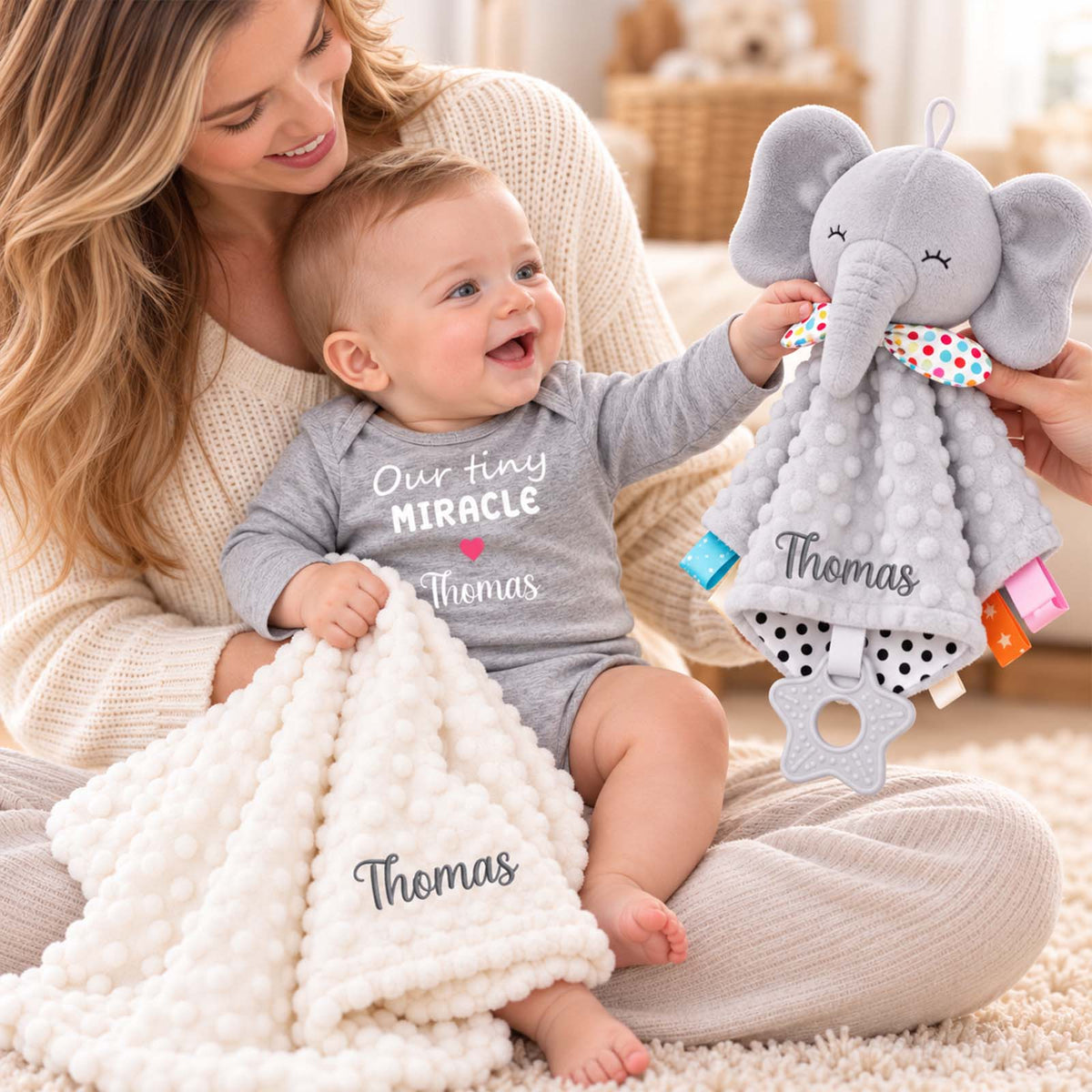 Personalized Baby Gift Set, Custom Baby Bodysuit, Bunny Lovey & Minky Blanket