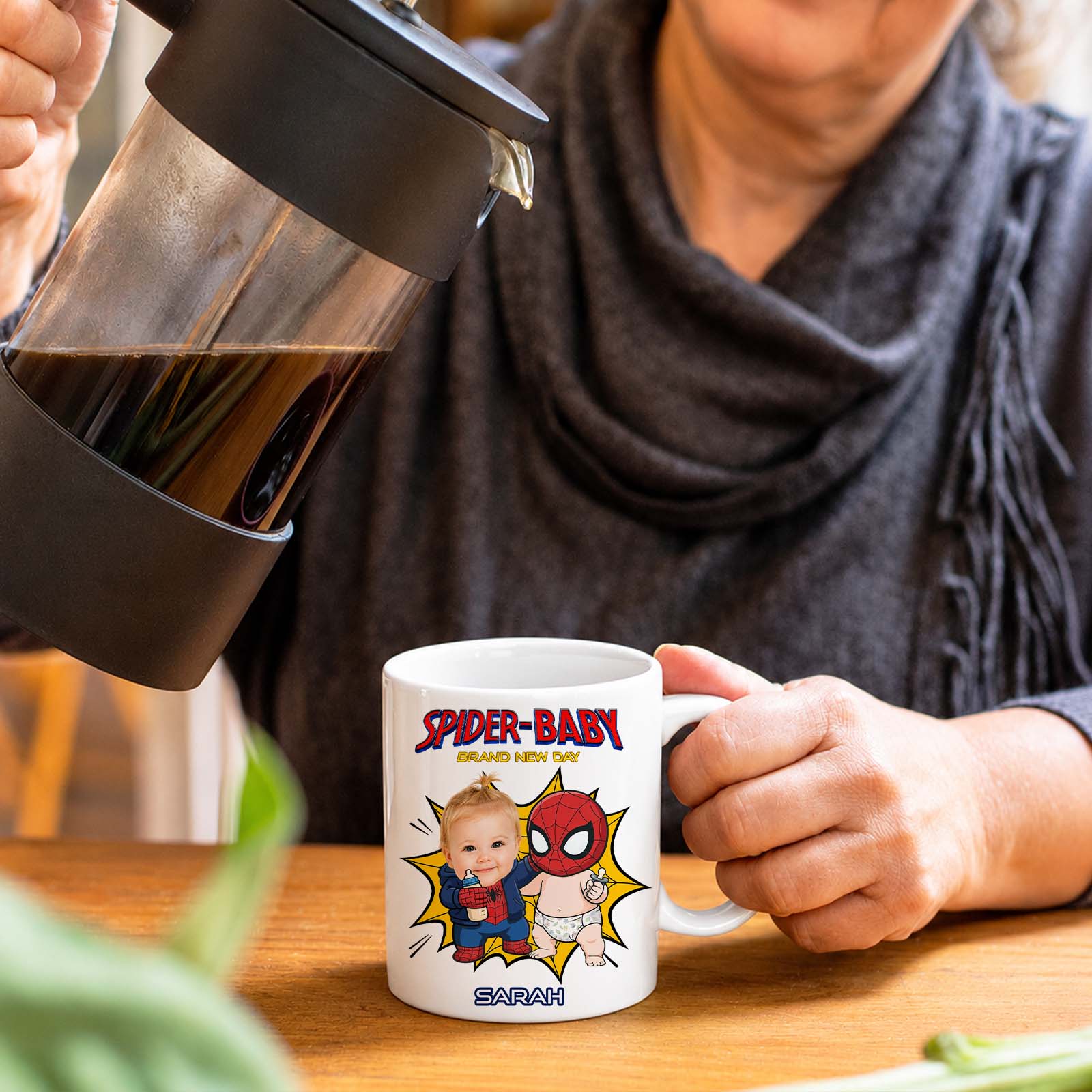 Personalized Spider Baby Mug – Custom Baby Face Superhero Coffee Mug, Funny Baby Keepsake Gift