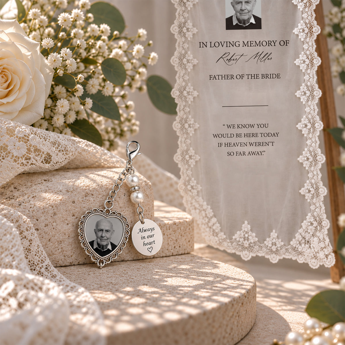Personalized Wedding Memorial Decor, Custom Photo Pin & Lace Yarn Hanging