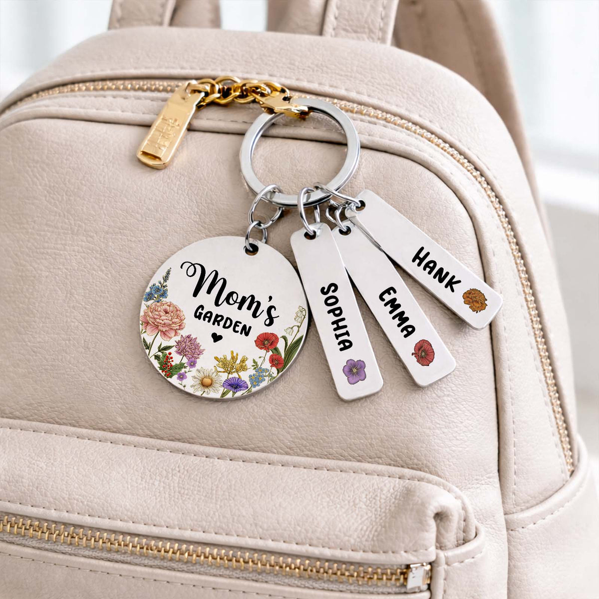 Personalized Mom’s Garden Stainless Steel Keychain – Custom Birth Flower Gift for Mom
