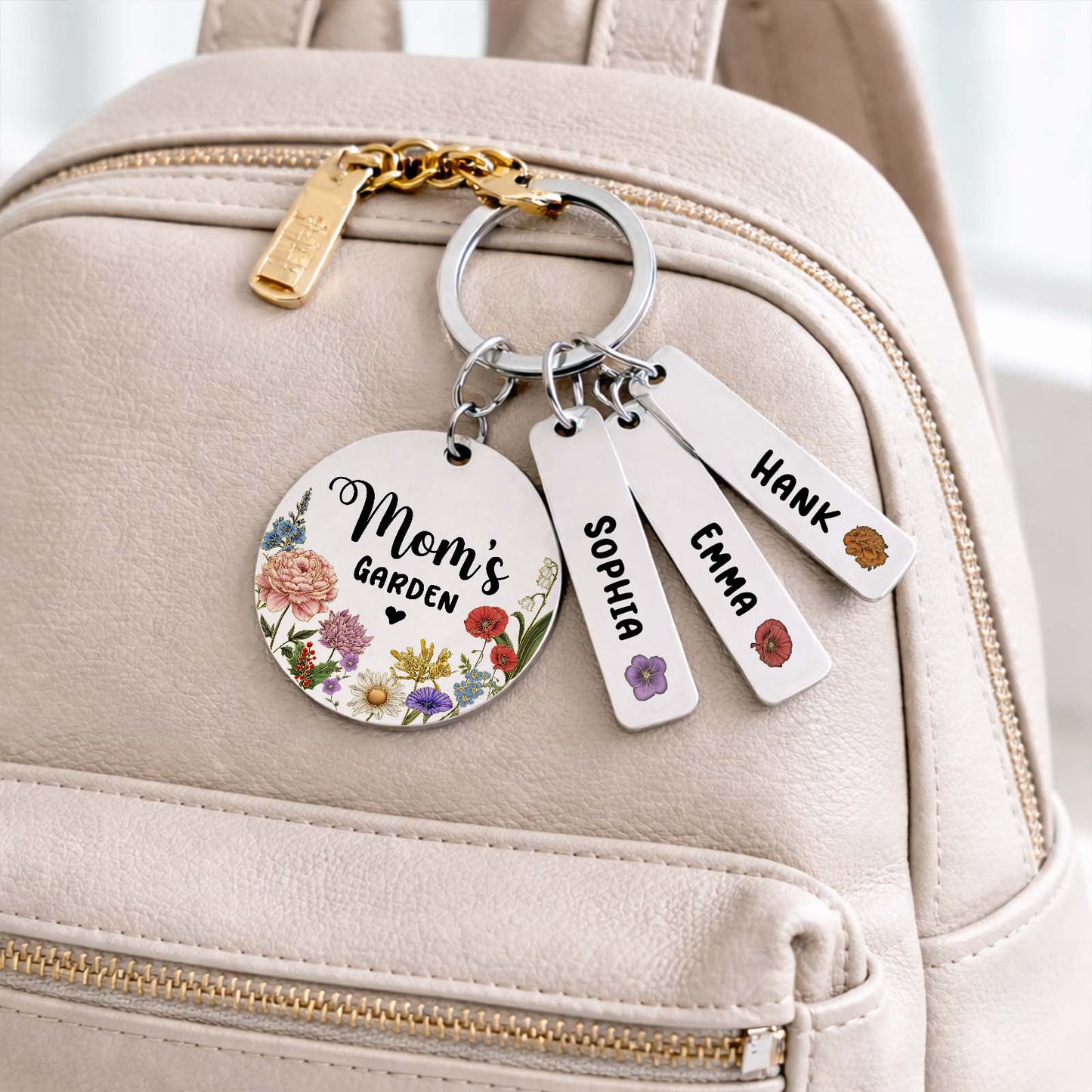 Personalized Mom’s Garden Stainless Steel Keychain – Custom Birth Flower Gift for Mom