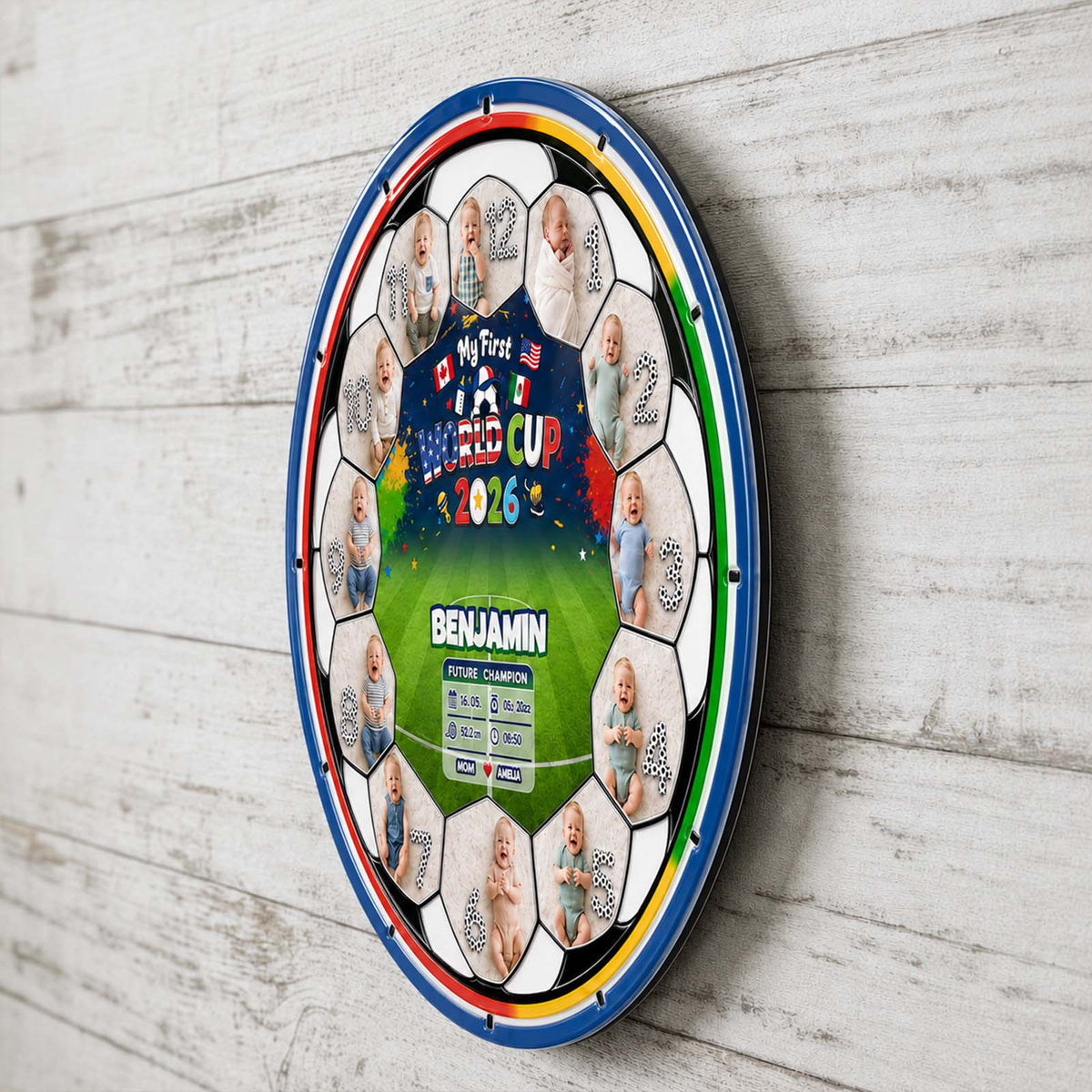 My First World Cup 2026 Baby Clock – Personalized First Year Milestone Keepsake, Custom Baby Photo Soccer Nursery Decor