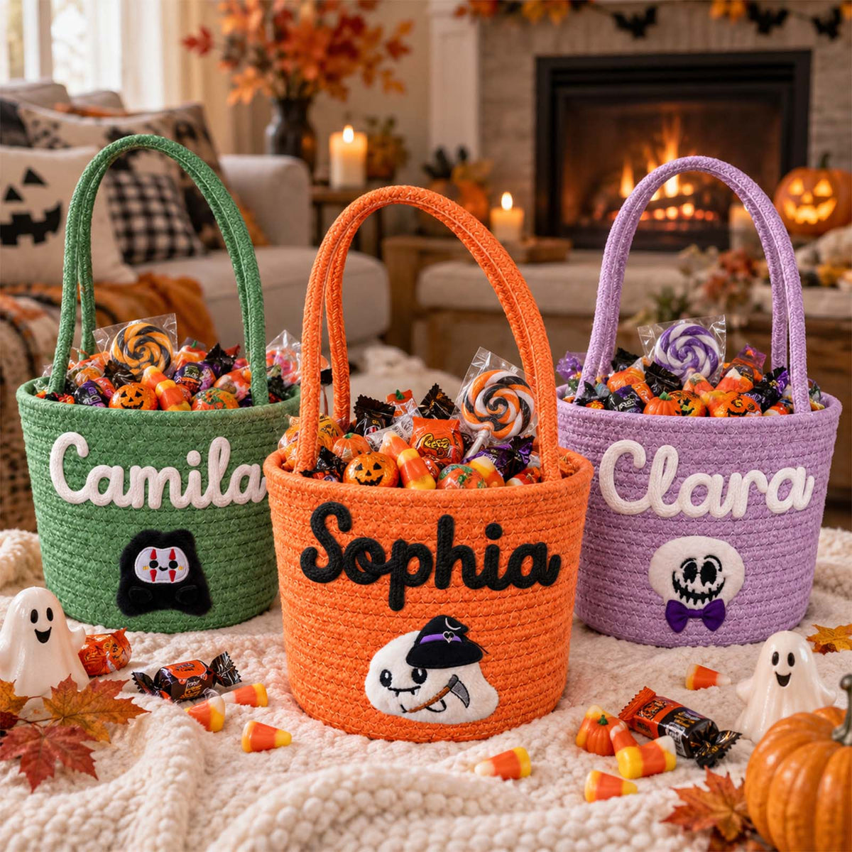 Personalized Handheld Round Basket, Custom Name Halloween Candy Basket