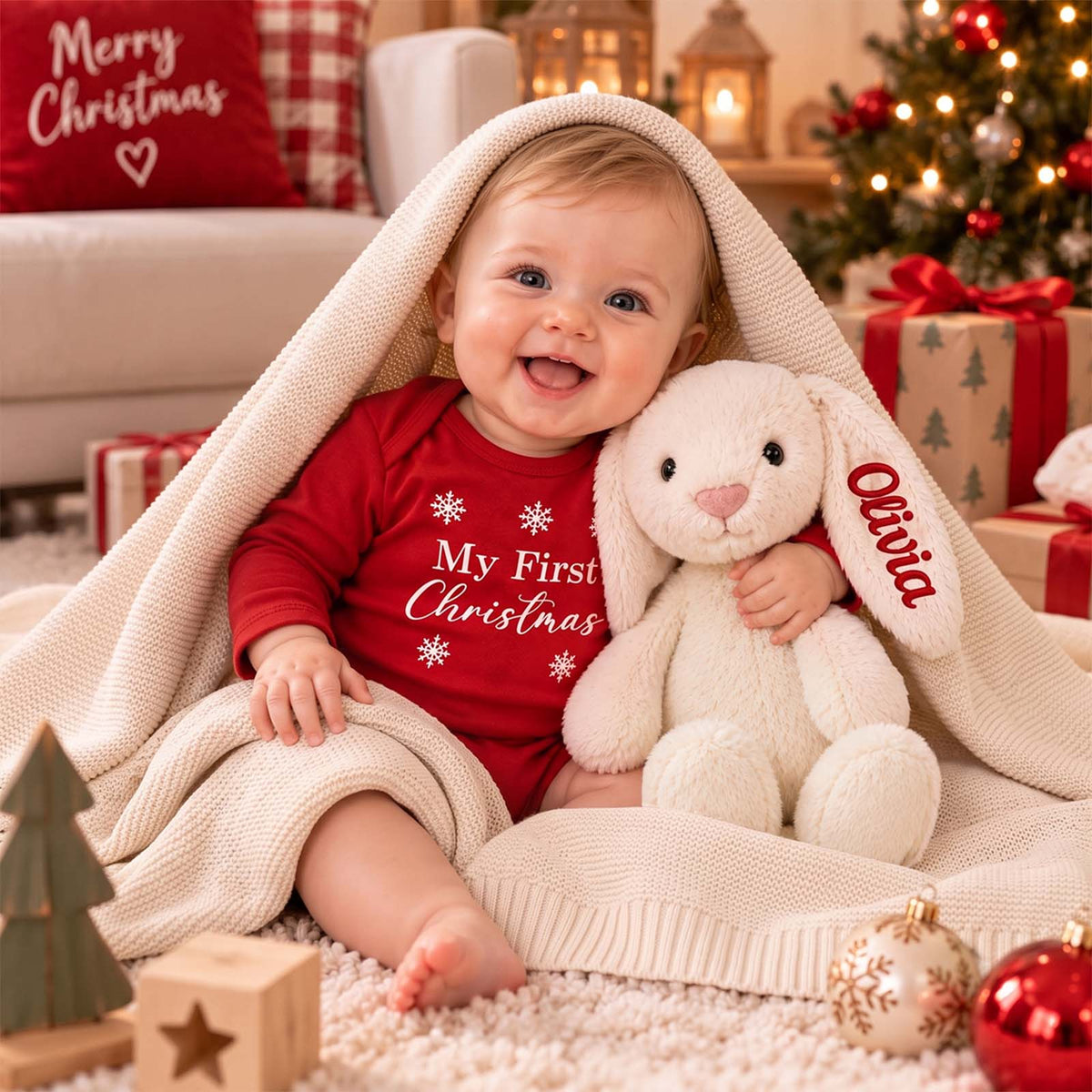 Personalized Baby’s First Christmas Gift Set, Custom Christmas Bodysuit, Bunny & Keepsake Blanket