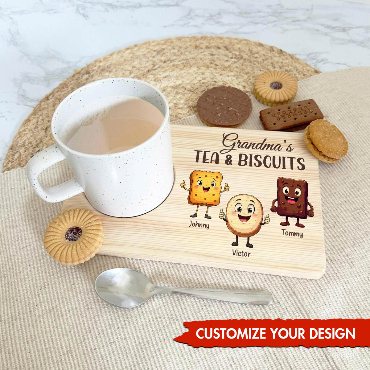 Family - Grandma's Tea & Biscuits - Personalized Wooden Drink Tray