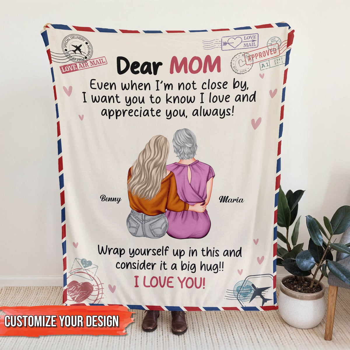 Personalized mom blanket with heartfelt message for loved ones, featuring two women hugging