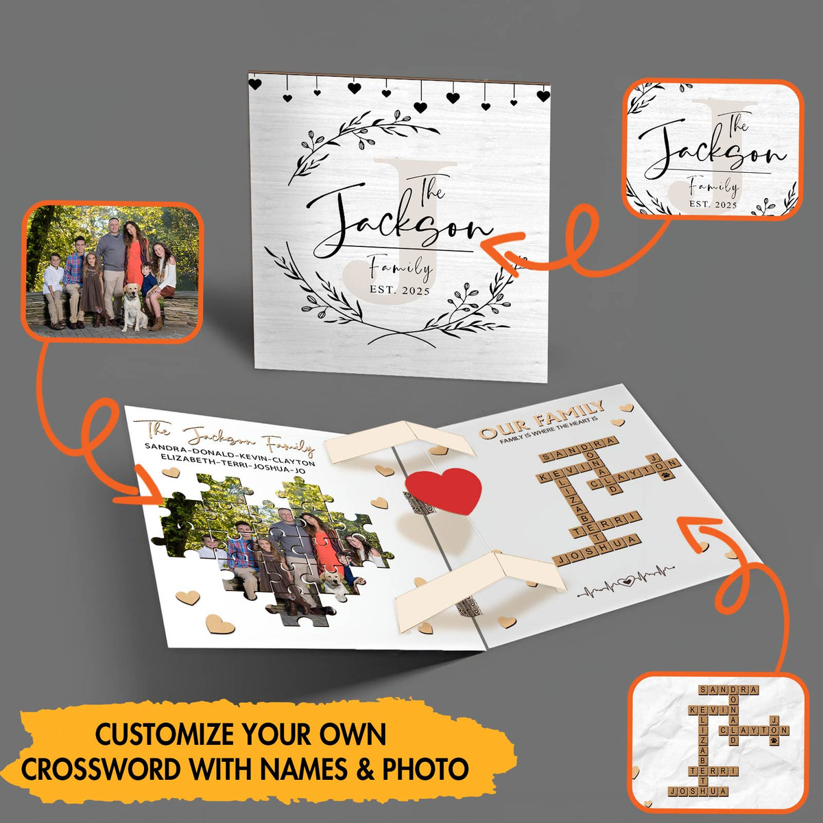 Family - Family Is Where The Heart Is - Personalized Crossword Wooden Invitation