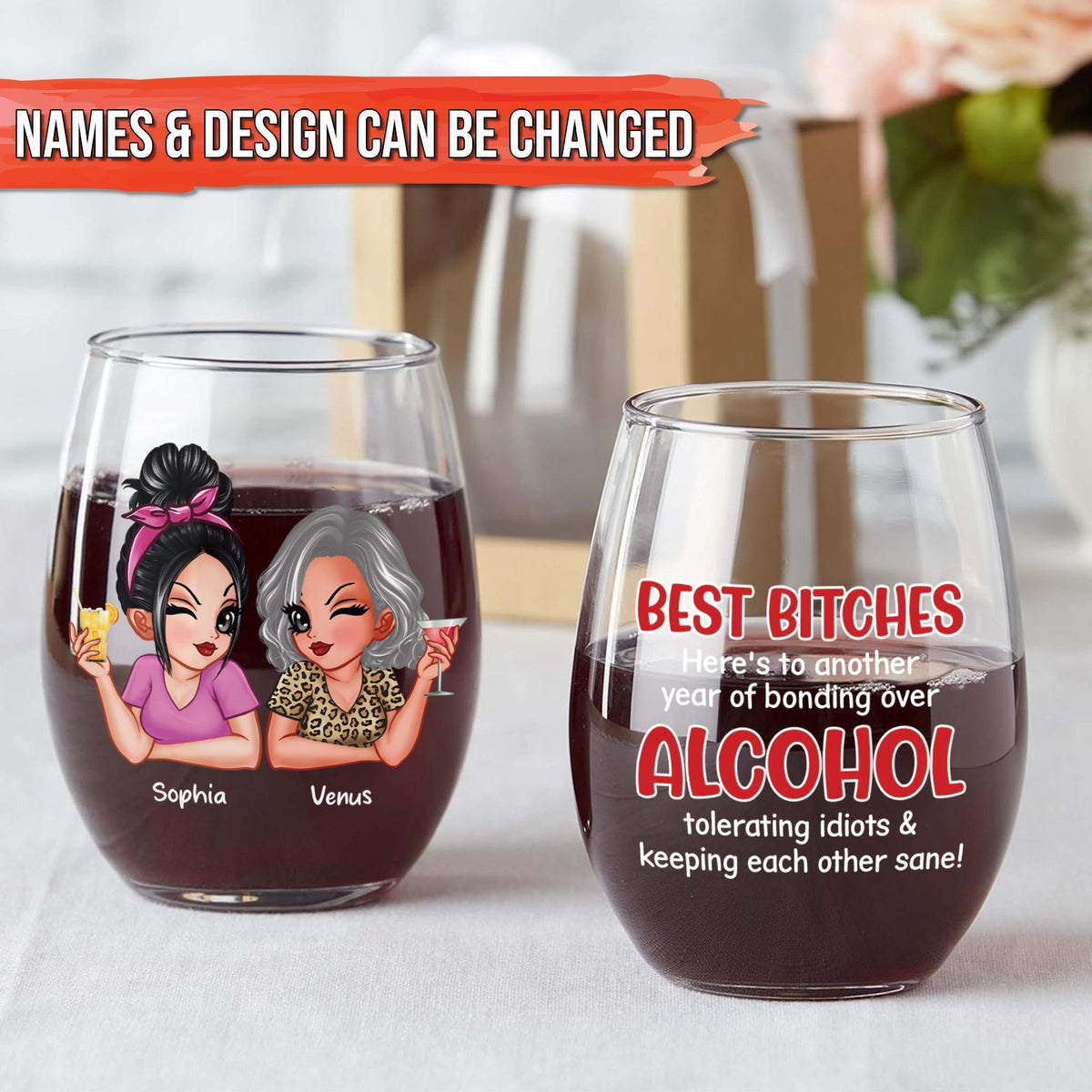 Bestie - Here's To Another Year Of Bonding Over Alcohol - Personalized Wine Glass