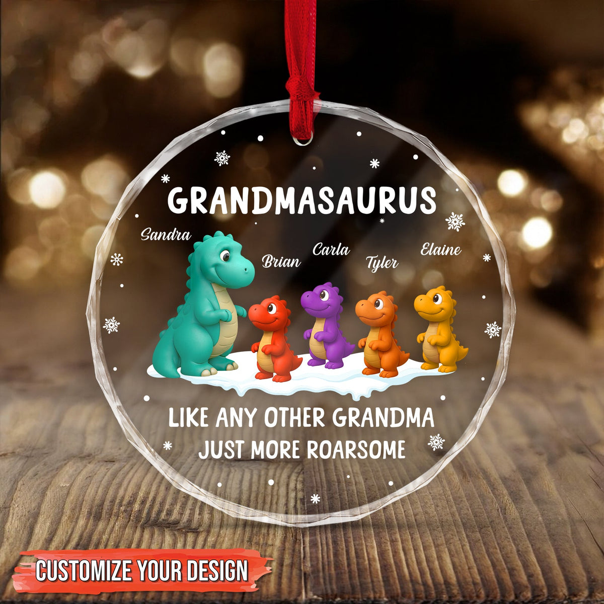Personalized grandmasaurus ornament featuring customizable photo and name options for heartfelt gifting