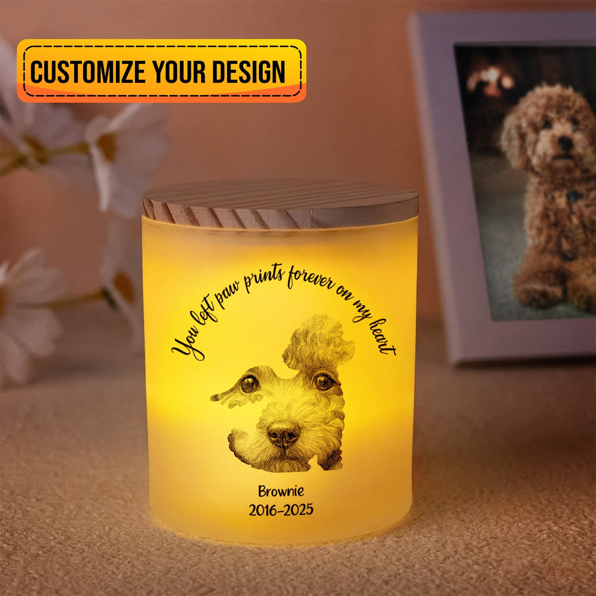 Cadeau commémoratif pour amoureux des animaux - Pot de bougie personnalisé avec LED