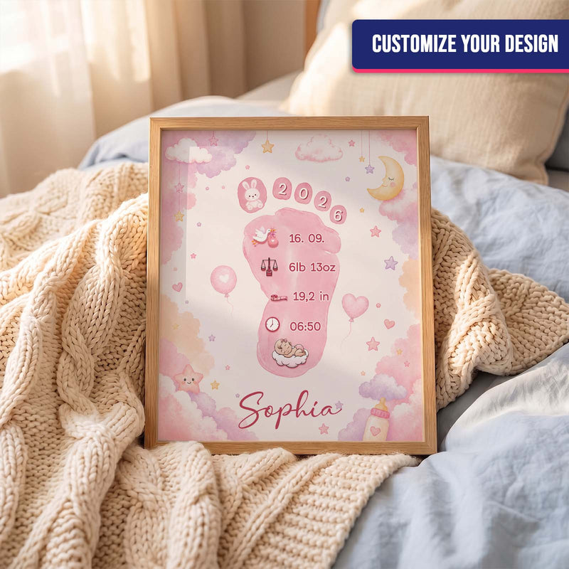 Personalized Baby Footprint Print – Custom Nursery Decoration, Keepsake Gift, Gift for Mom & Dad