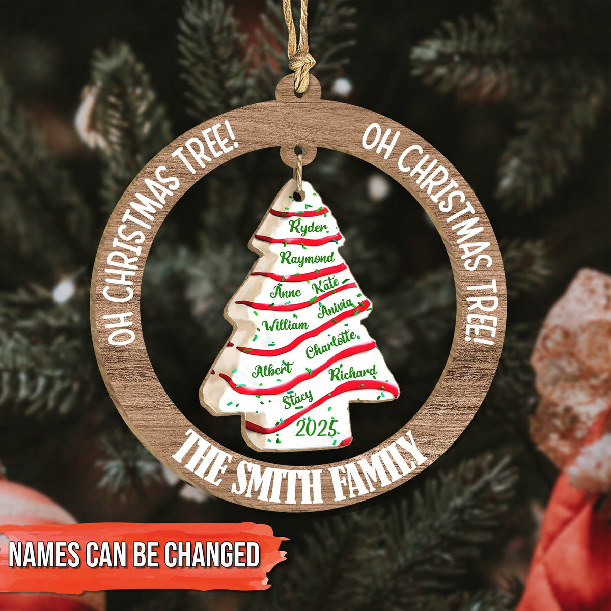 Personalized family Christmas ornament featuring a festive tree design with customizable names for family gatherings