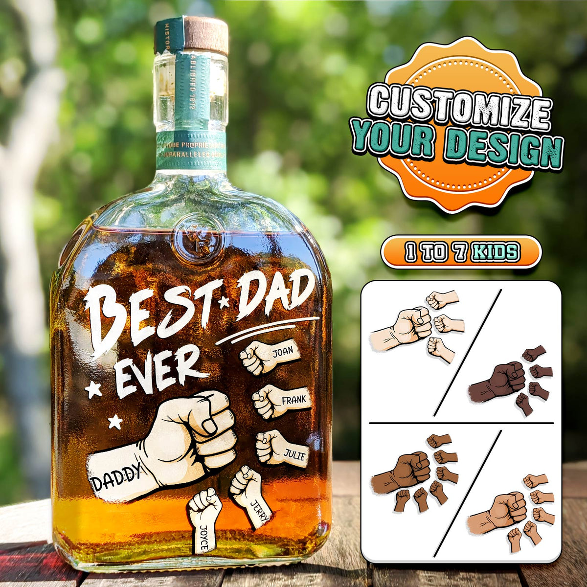 Personalized Fist Bump “Best Dad Ever” Whiskey Bottle – Custom Kids Names