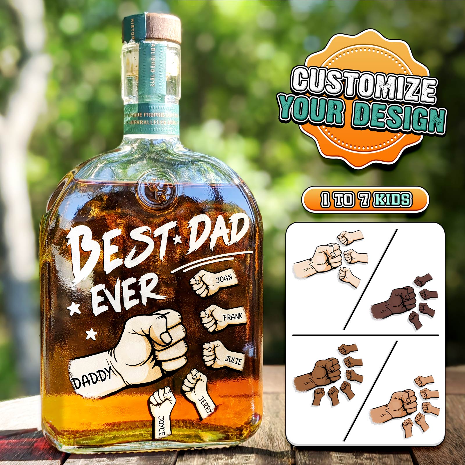 Personalized Fist Bump “Best Dad Ever” Whiskey Bottle – Custom Kids Names