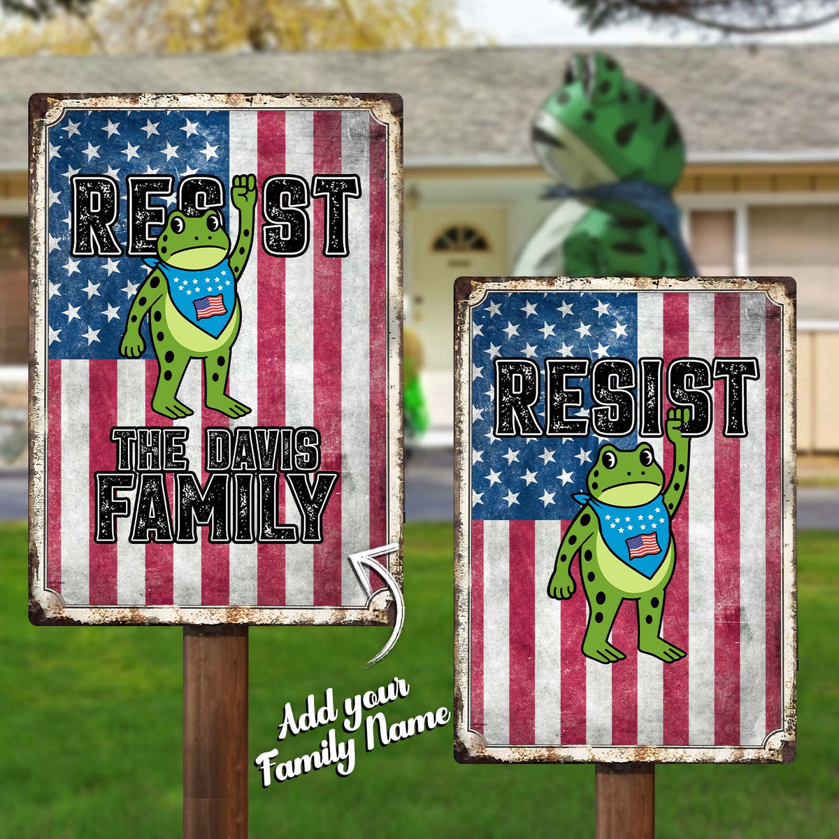 Personalized patriotic metal sign featuring a frog and customizable family name on a striped flag background