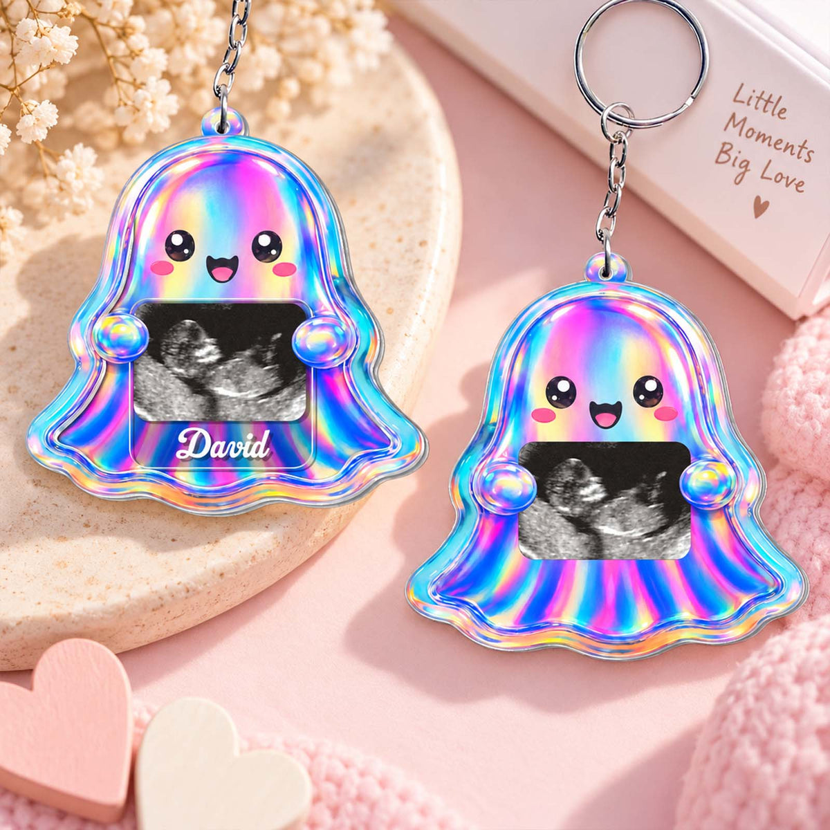 Cute Holographic Ghost Sonogram Shaker Keychain - Custom Baby Ultrasound Announcement Keepsake