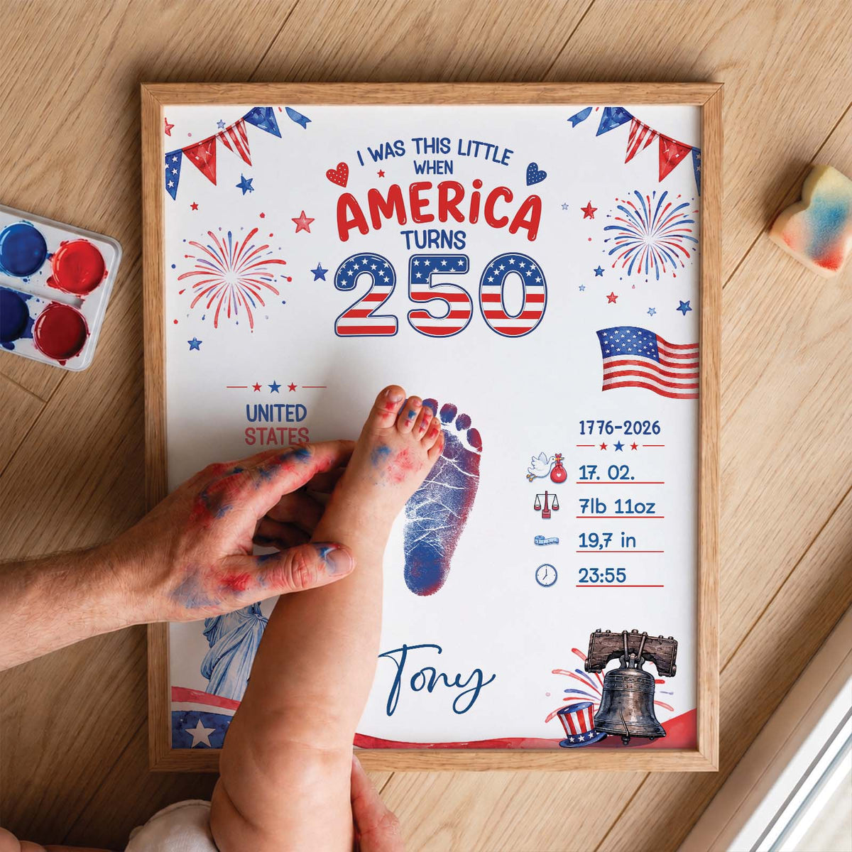 DIY Baby Footprint Art – America 250 Anniversary Edition, Personalized Birth Details Keepsake, Nursery Decor Gift for Mom & Dad