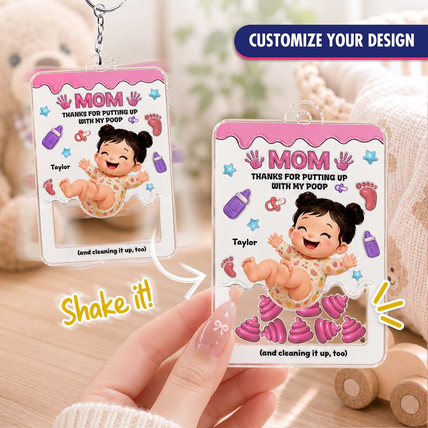 Personalized "Thanks for Putting Up With My Poop" Shaker Keychain – Custom Baby Gift for Mom & Dad