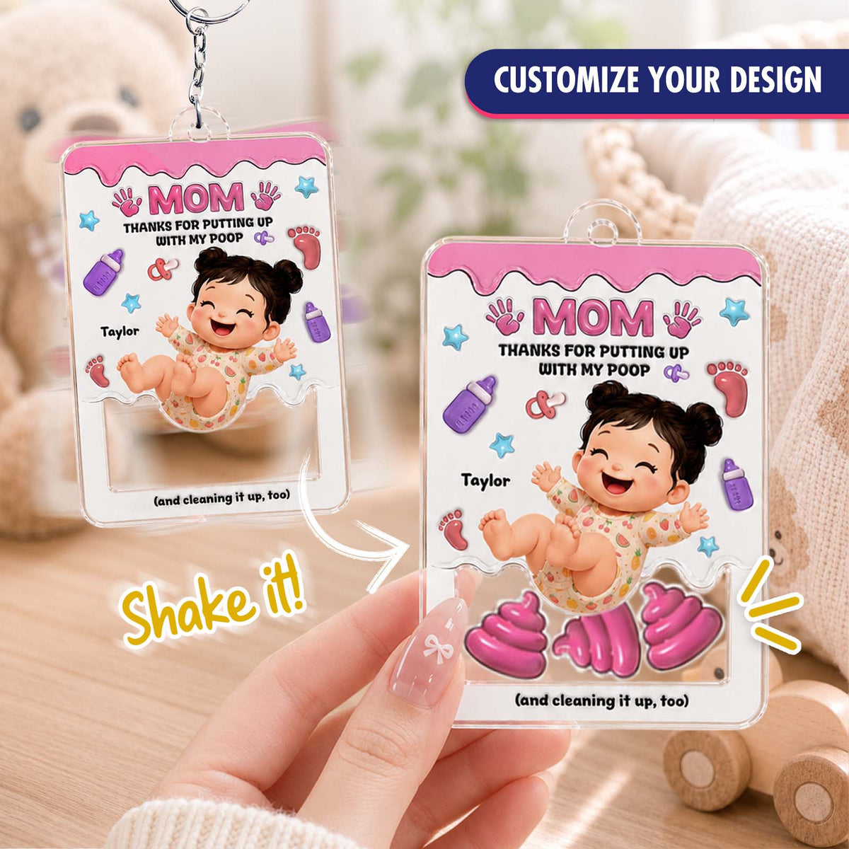 Personalized "Thanks for Putting Up With My Poop" Shaker Keychain – Custom Baby Gift for Mom & Dad