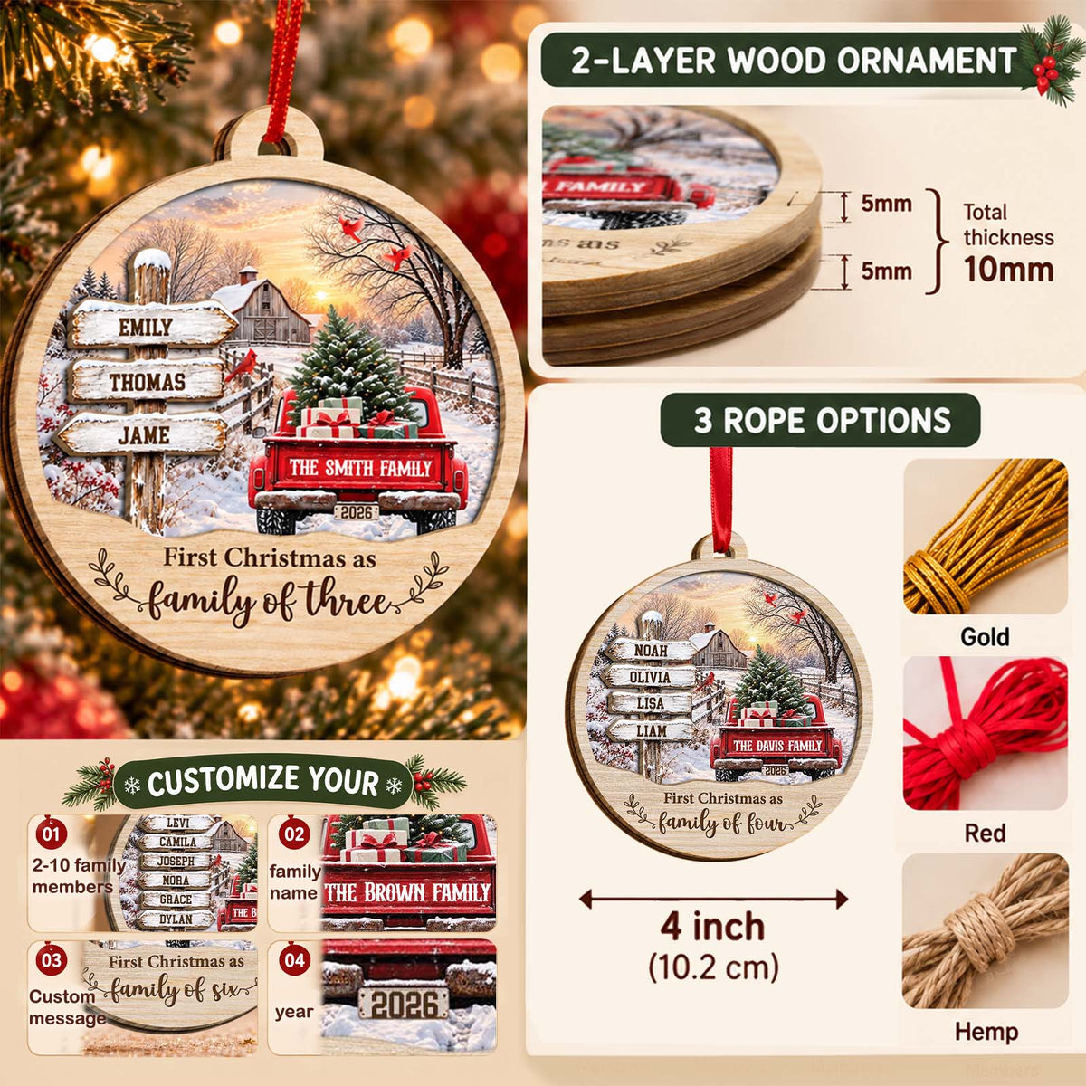Personalized Family Names Christmas Ornament – Custom Family Name & Member Names, Rustic Wooden Holiday Keepsake