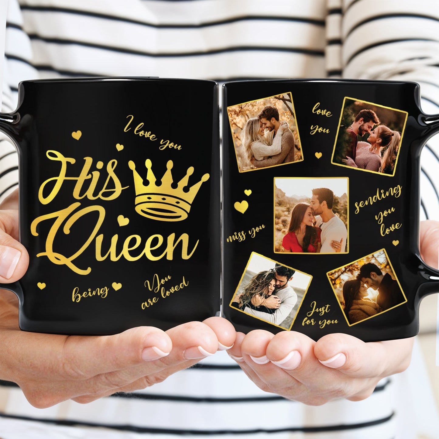 Personalized anniversary coffee mug featuring photos and sweet messages for couples