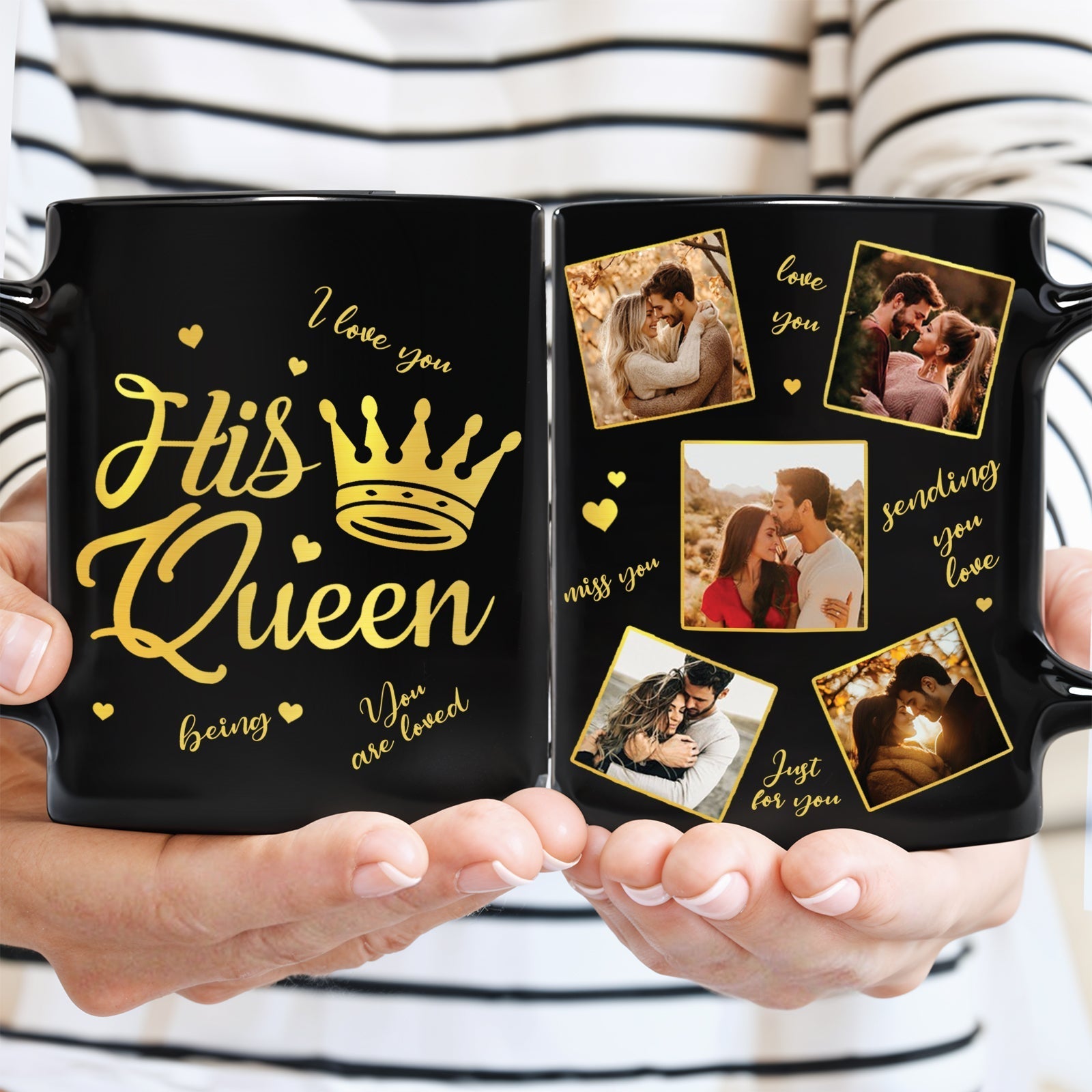 Personalized anniversary coffee mug featuring photos and sweet messages for couples