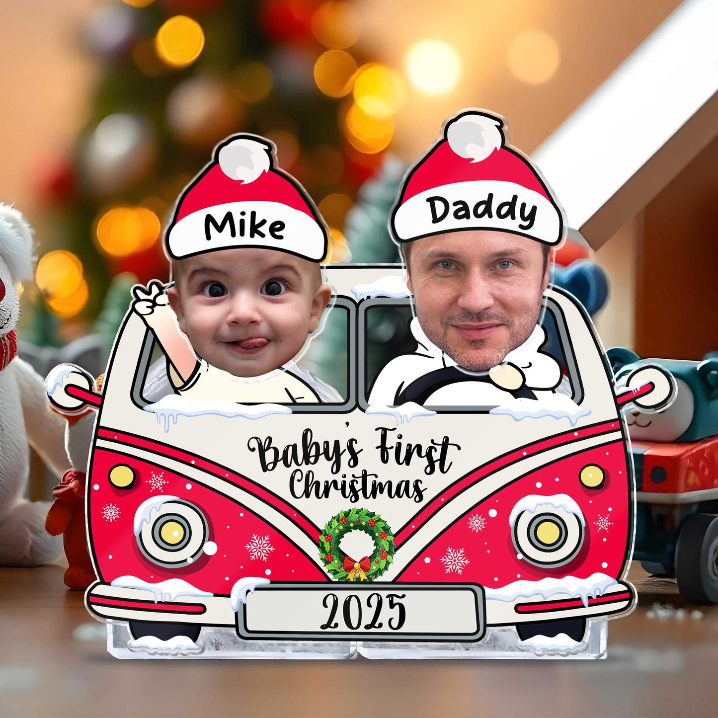 Personalized drive safe daddy photo standee featuring a baby and father in a festive car for Christmas 2025