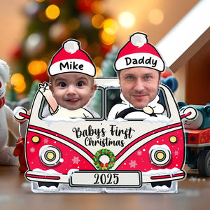 Personalized drive safe daddy photo standee featuring a baby and father in a festive car for Christmas 2025