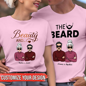 Couple wearing matching pink Beauty and the Beard shirt with illustrated characters and customizable names
