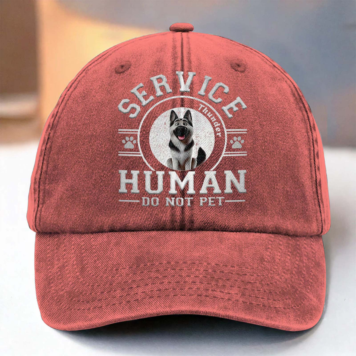 Red distressed baseball cap with service dog design and text featuring a dog image Cap For Pet Lover