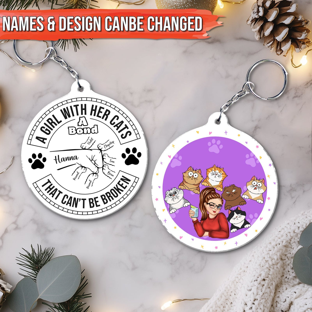Customized cat lover keychain featuring a girl with cats and a heartfelt bond design