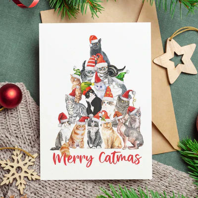 Cat lovers Christmas card featuring a festive group of cats wearing holiday hats with Merry Catmas text