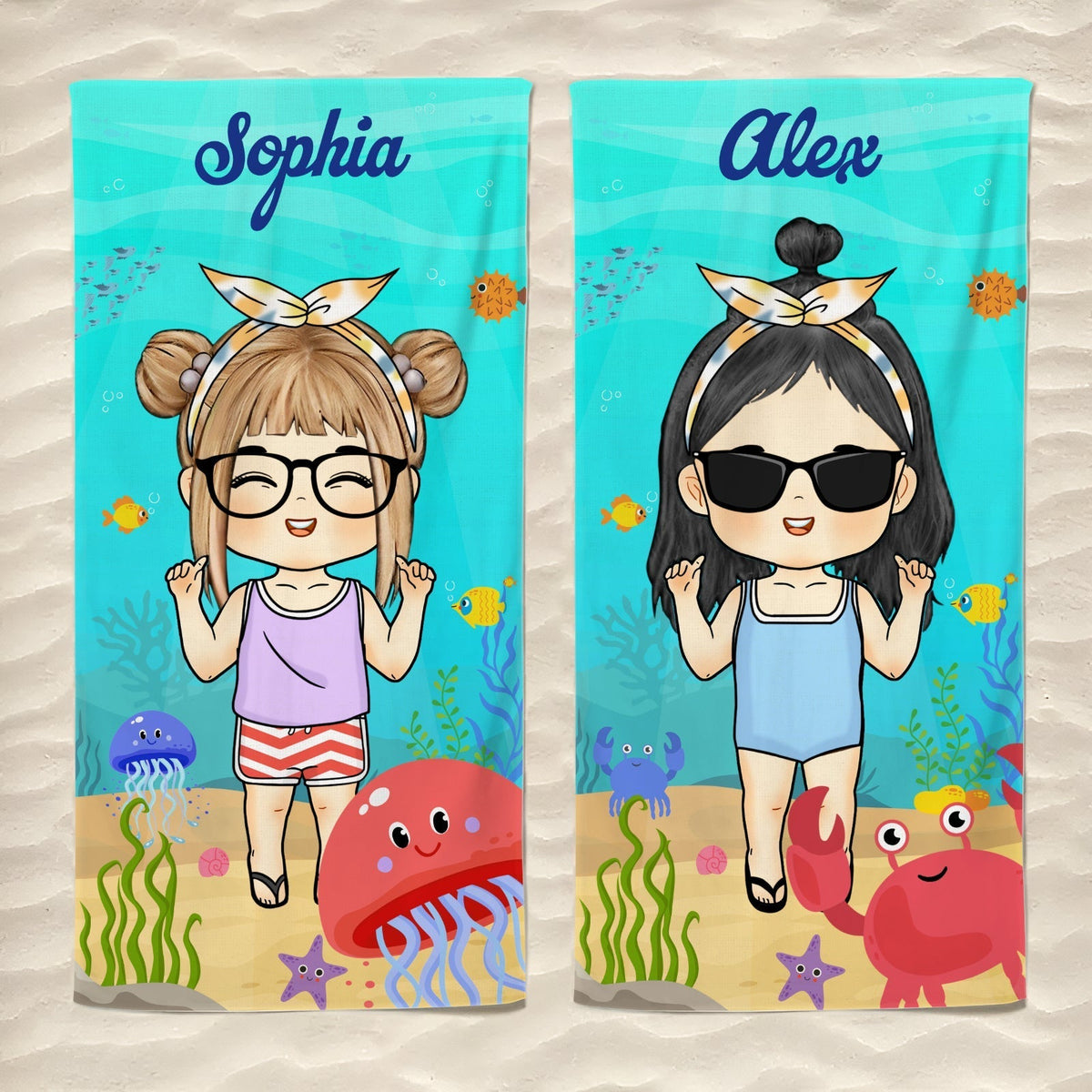 Personalized Beach Towel showing two turquoise ocean cartoon designs of girls named Sophia and Alex with crab and jellyfish