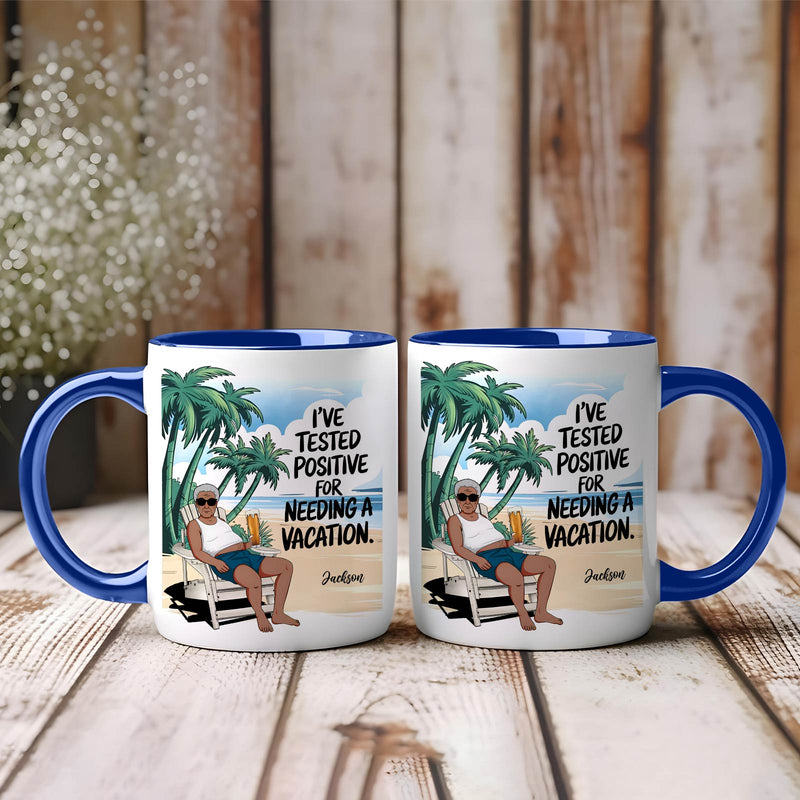 365Gifty custom travel accent mug showing two blue rim mugs with man lounging under palm trees and vacation quote