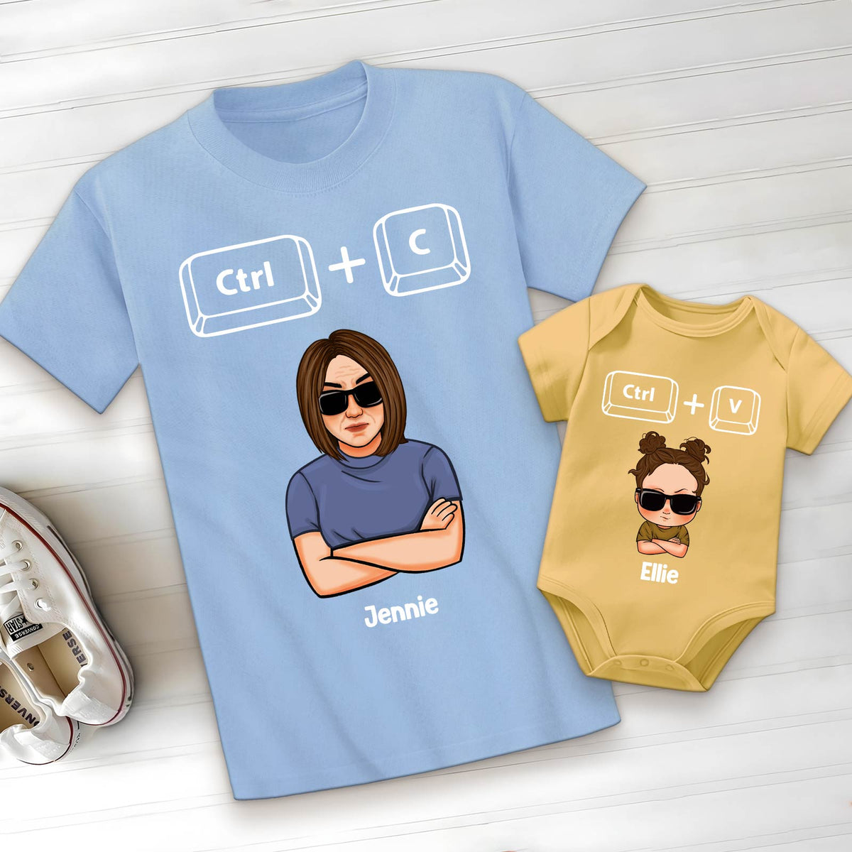Copy paste shirts for dad and baby featuring matching cartoon characters and keyboard keys design