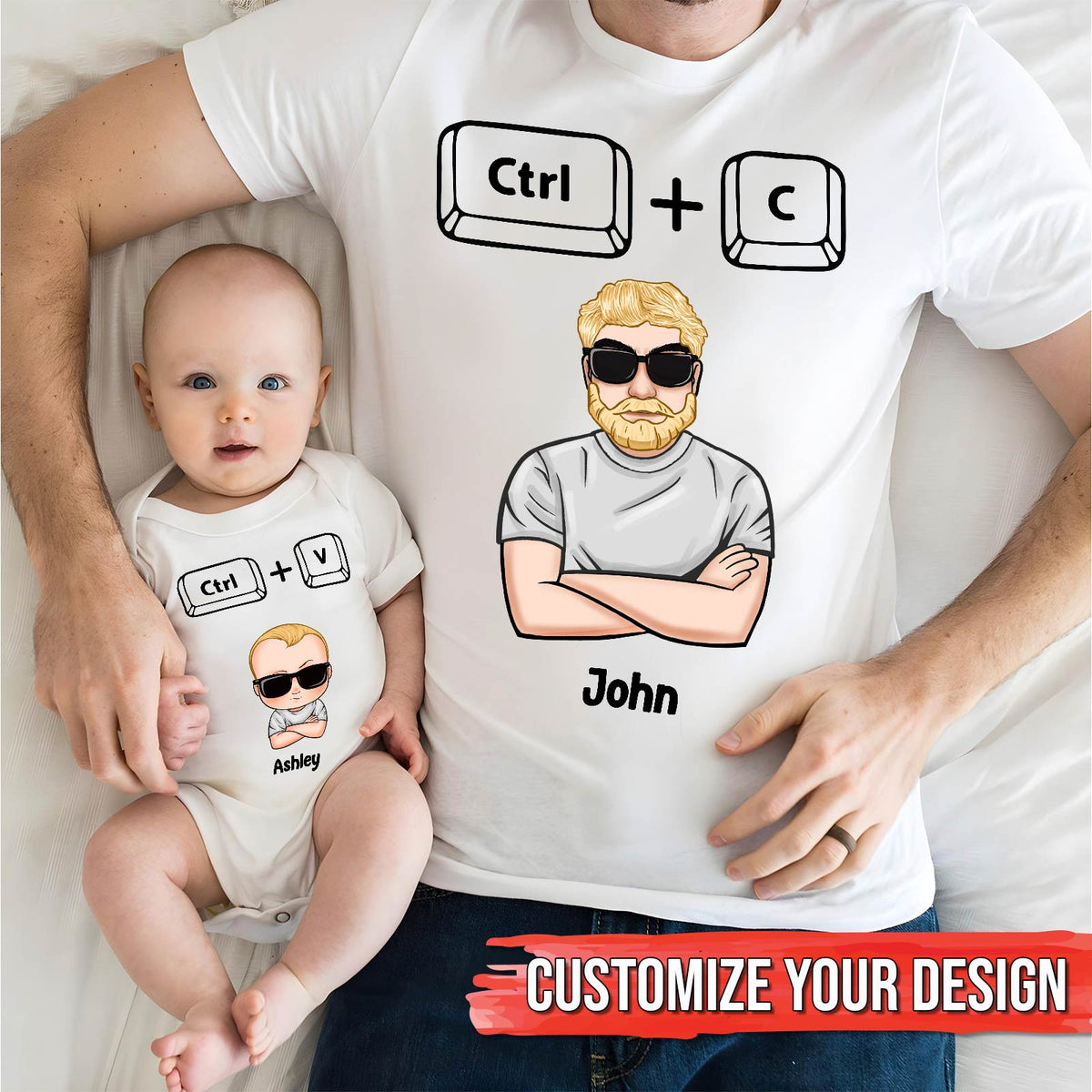 Copy paste shirts for dad and baby with matching Ctrl C and Ctrl V keys and cartoon characters
